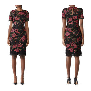 Trina Turk Black Floral Embroidered Lace Short Sleeve Sheath Dress Size 2 Red